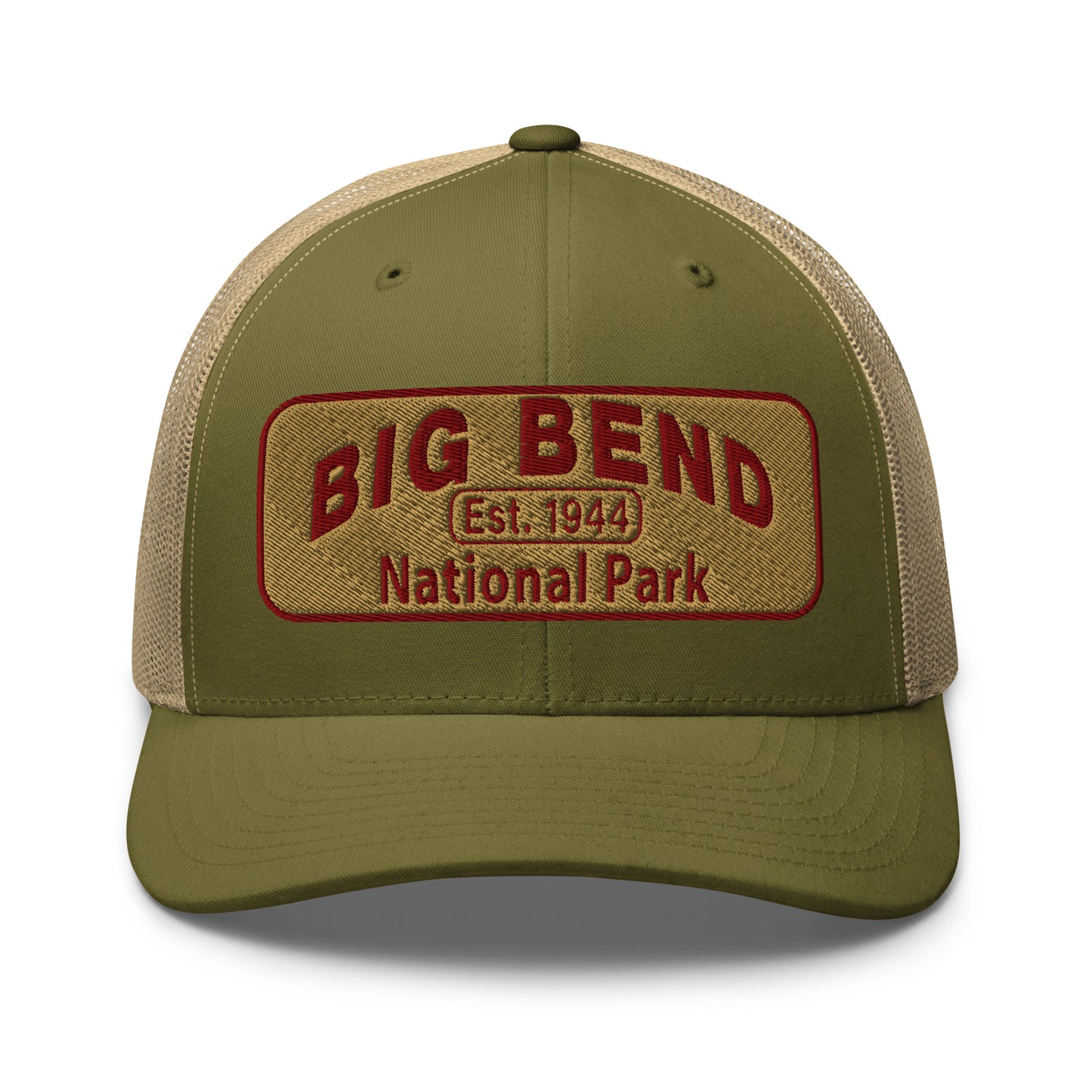 Big Bend National Park Hat - Yupoong 6606 Trucker Hat - Front View - Color: Moss Green/Khaki