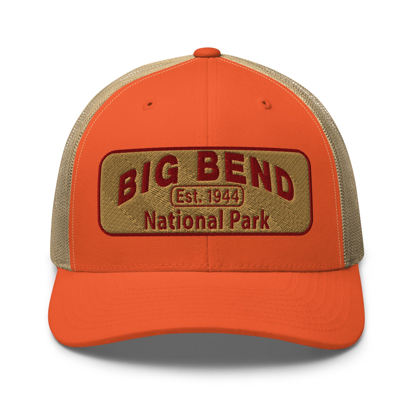 Big Bend National Park Hat - Yupoong 6606 Trucker Hat - Front View - Color: Orange/Khaki