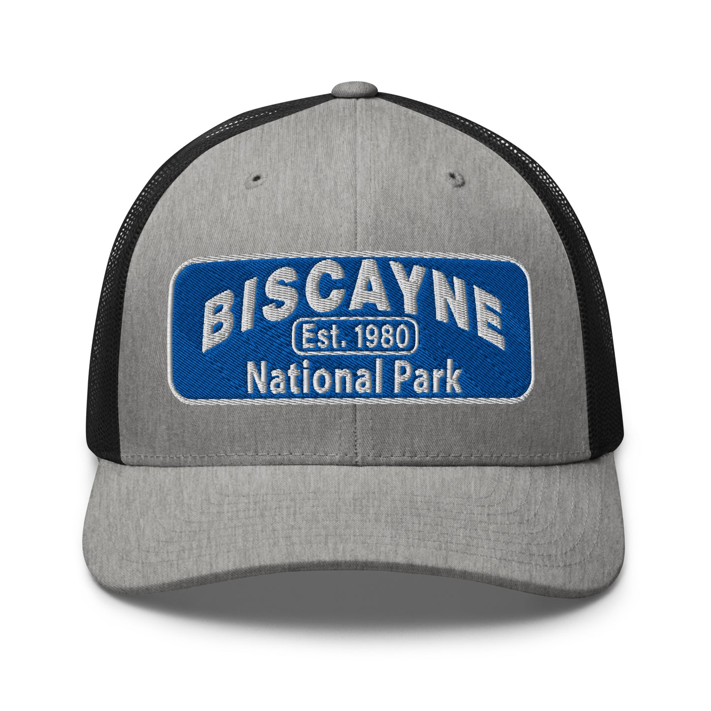 Biscayne National Park Hat - Yupoong 6606 Trucker Hat - Front View - Color: Heather Gray/Black