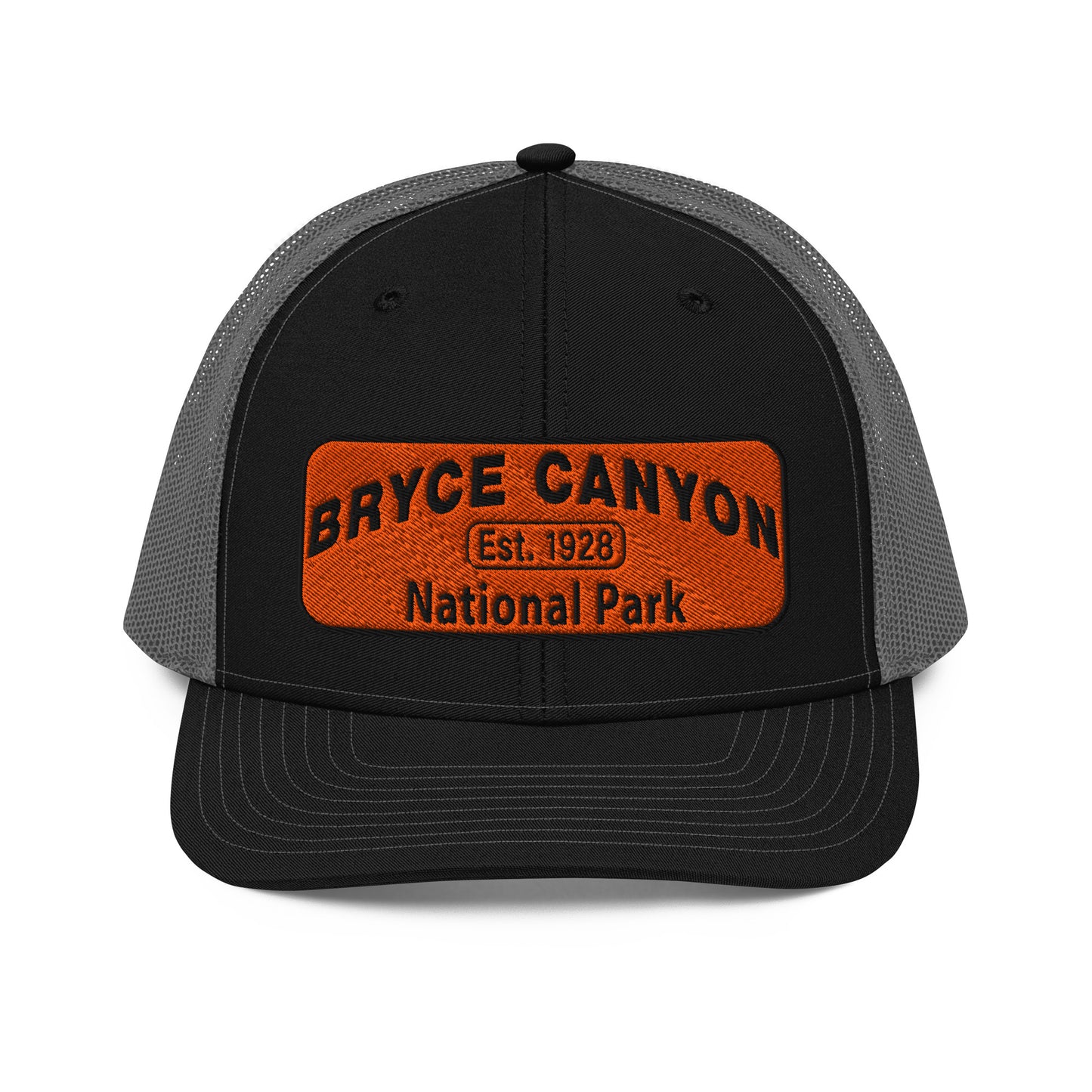 Bryce Canyon National Park Hat - Orange and Black Embroidered Patch - Richardson 112 Trucker Hat - Front View - Color:  Black/Charcoal