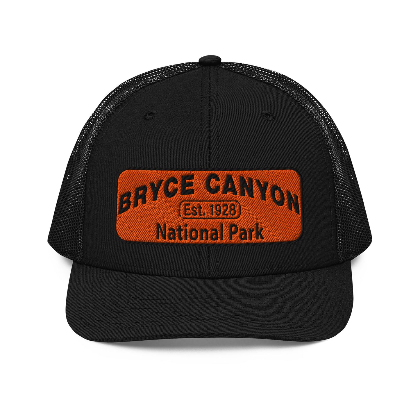 Bryce Canyon National Park Hat - Orange and Black Embroidered Patch - Richardson 112 Trucker Hat - Front View - Color:  Black