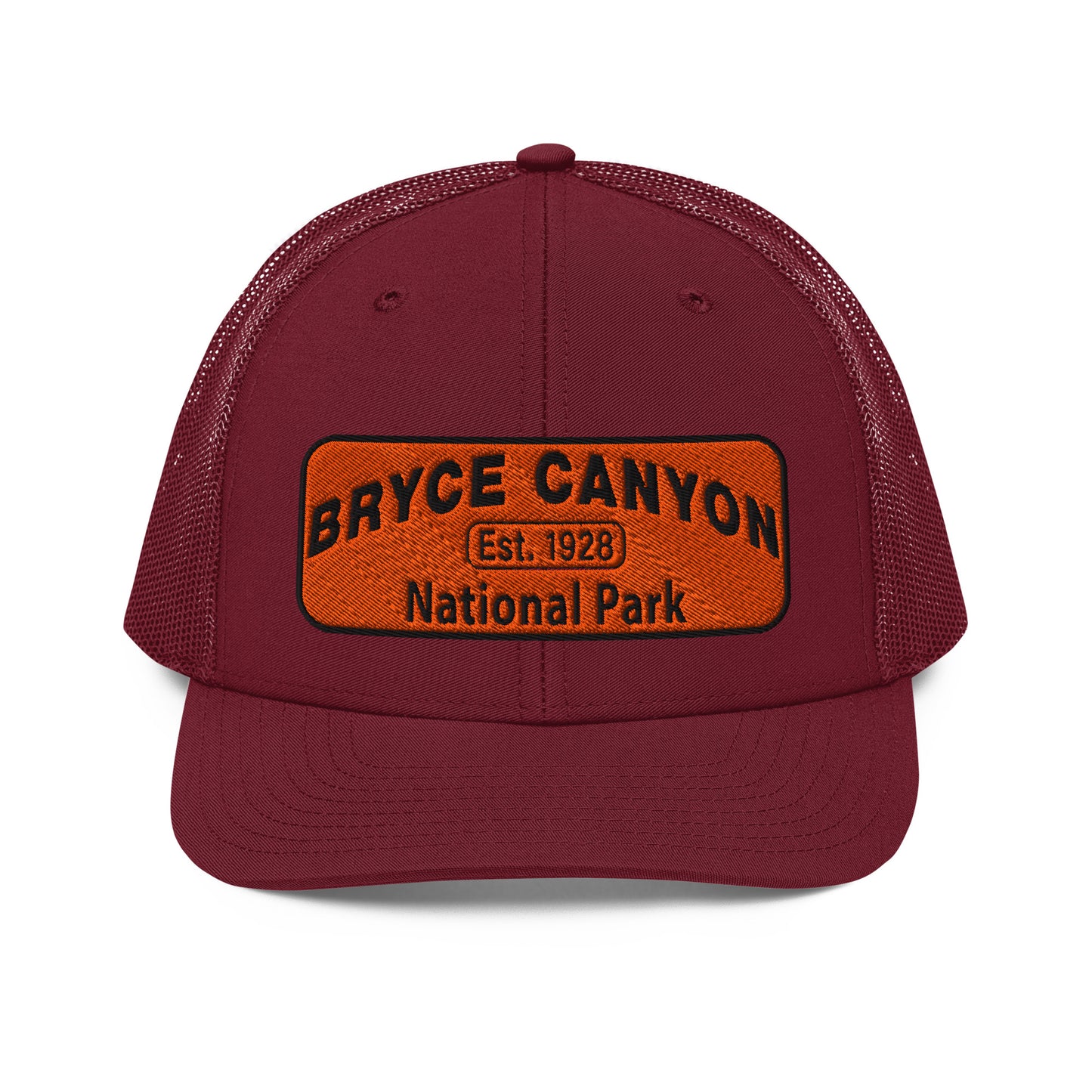 Bryce Canyon National Park Hat - Orange and Black Embroidered Patch - Richardson 112 Trucker Hat - Front View - Color:  Cardinal