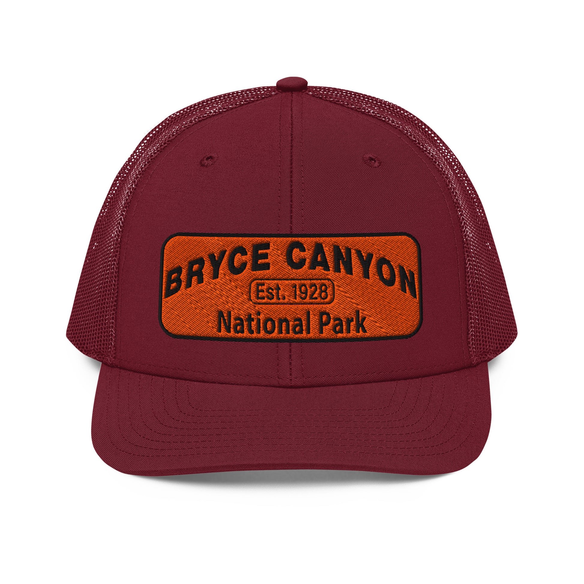 Bryce Canyon National Park Hat - Orange and Black Embroidered Patch - Richardson 112 Trucker Hat - Front View - Color:  Cardinal