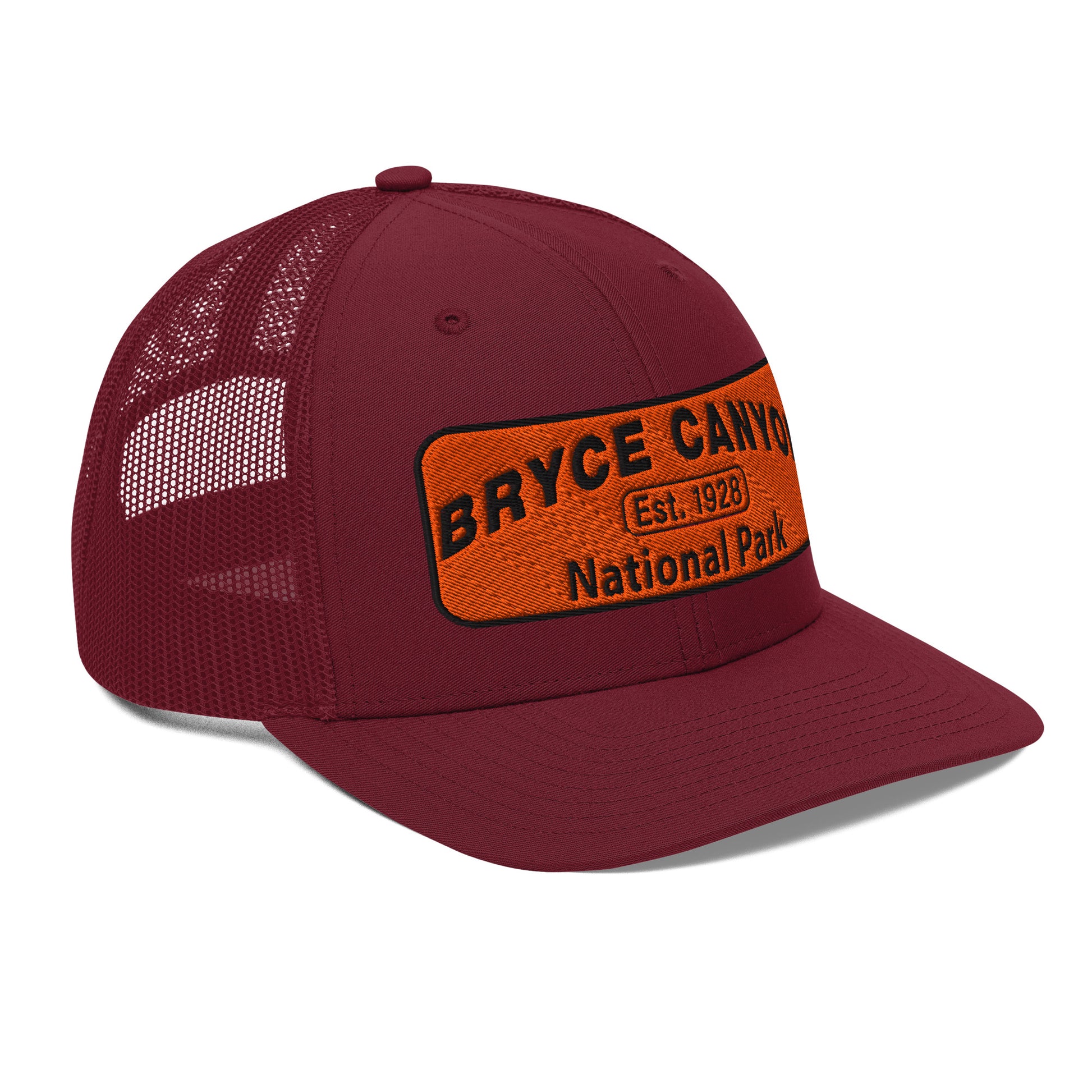 Bryce Canyon National Park Hat - Orange and Black Embroidered Patch - Richardson 112 Trucker Hat - Side View - Color:  Cardinal