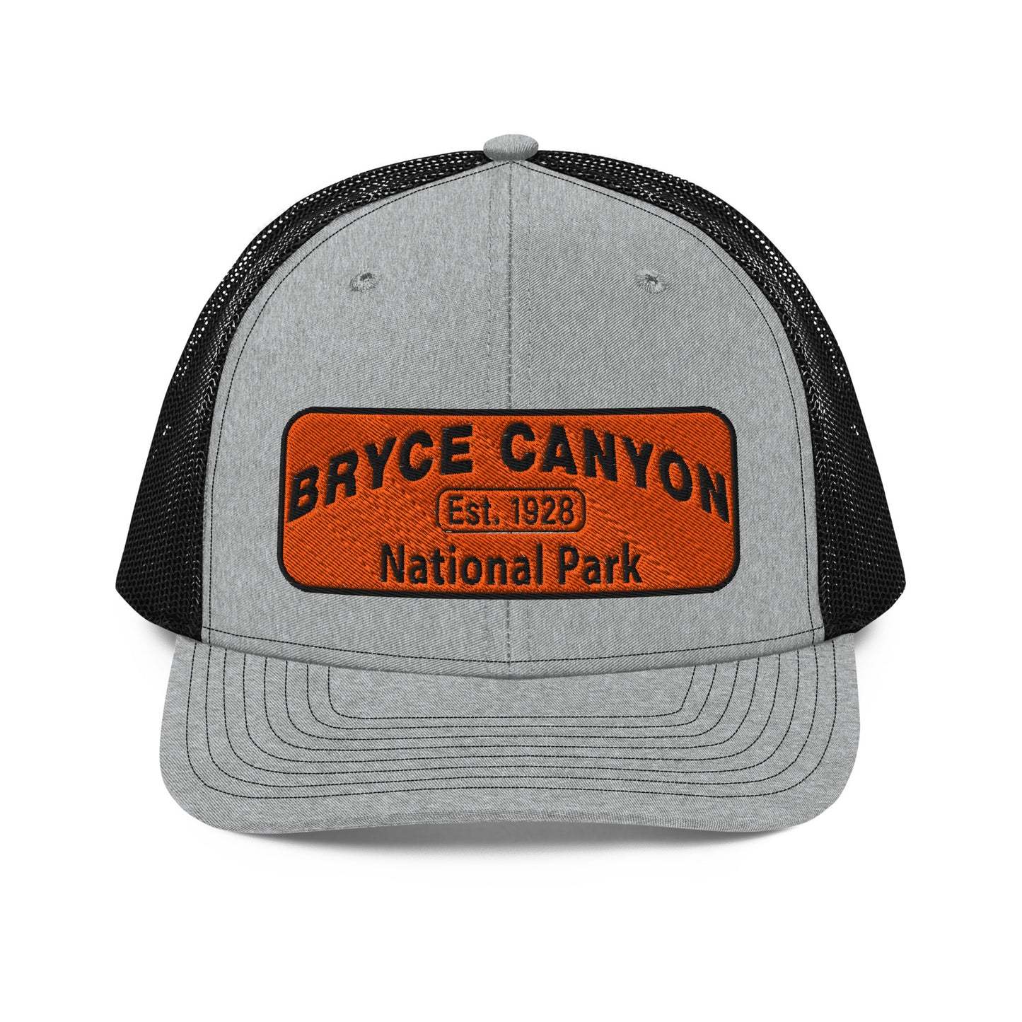 Bryce Canyon National Park Hat - Orange and Black Embroidered Patch - Richardson 112 Trucker Hat - Front View - Color:  Heather/Black