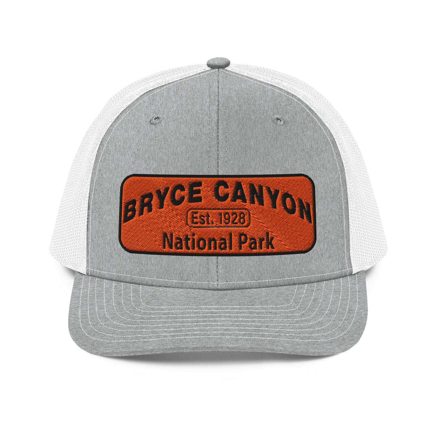Bryce Canyon National Park Hat - Orange and Black Embroidered Patch - Richardson 112 Trucker Hat - Front View - Color:  Heather/White