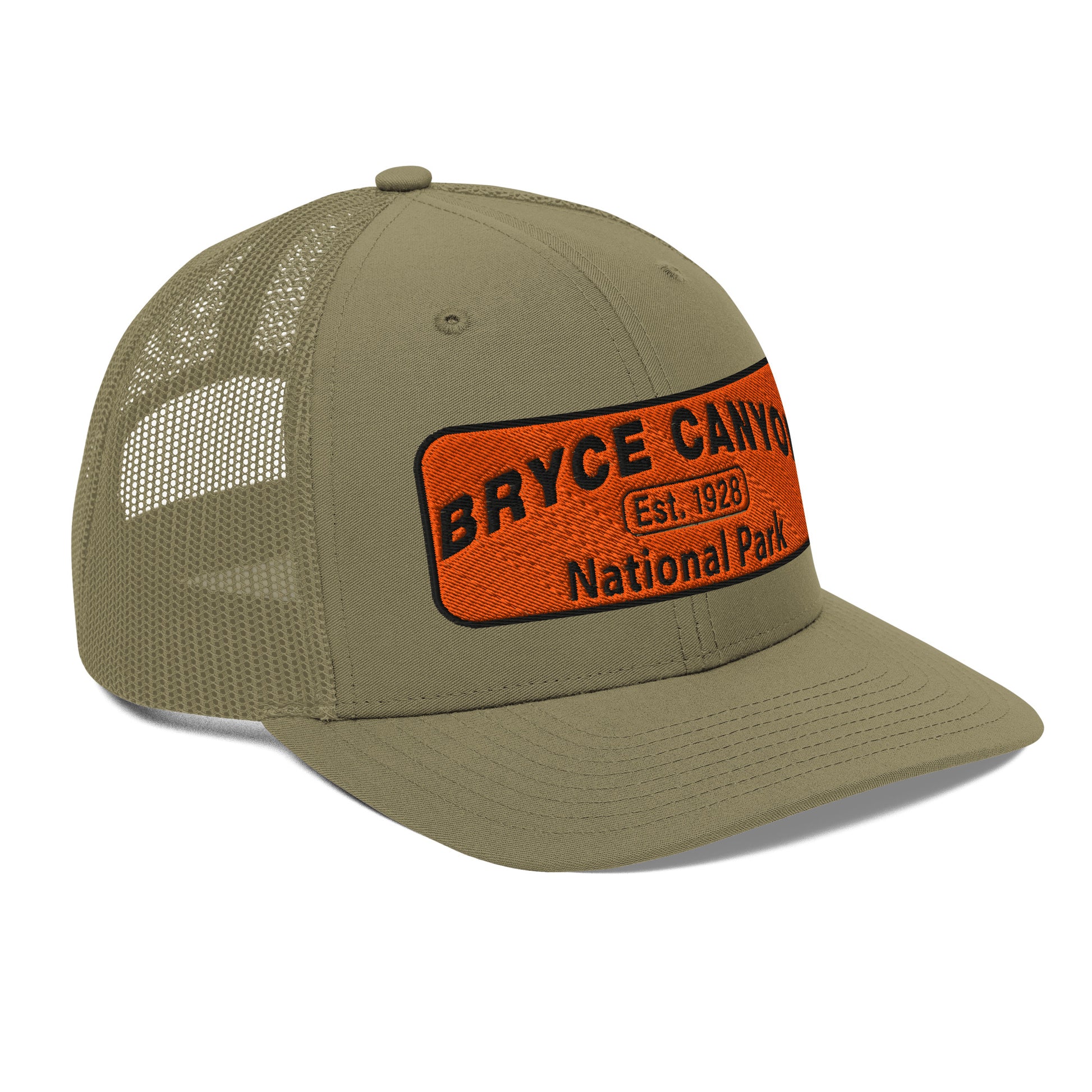 Bryce Canyon National Park Hat - Orange and Black Embroidered Patch - Richardson 112 Trucker Hat - Side View - Color:  Loden