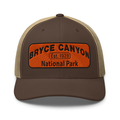 Bryce Canyon National Park Hat - Orange and Black Embroidered Patch - Yupoong 6606 Trucker Hat - Front View - Color: Brown/Khaki