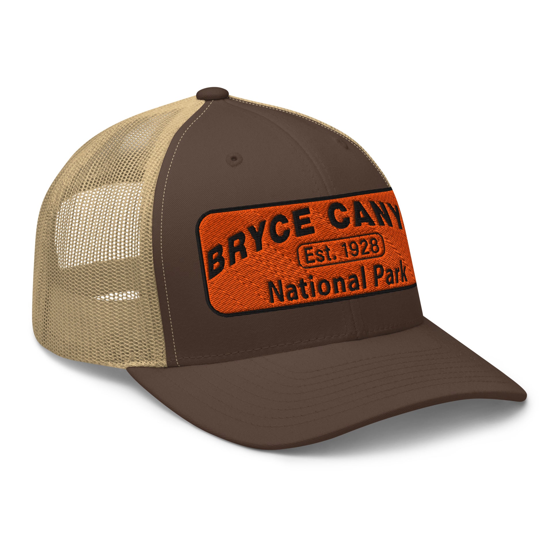 Bryce Canyon National Park Hat - Orange and Black Embroidered Patch - Yupoong 6606 Trucker Hat - Side View - Color: Brown/Khaki