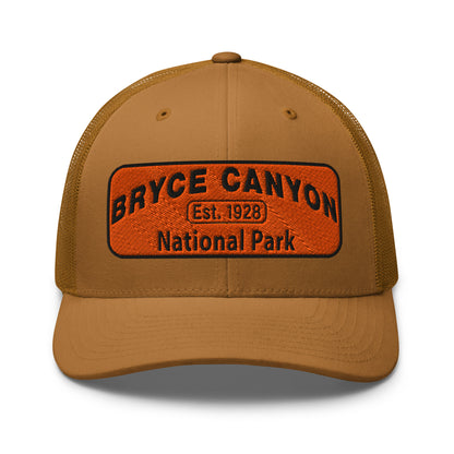 Bryce Canyon National Park Hat - Orange and Black Embroidered Patch - Yupoong 6606 Trucker Hat - Front View - Color: Caramel