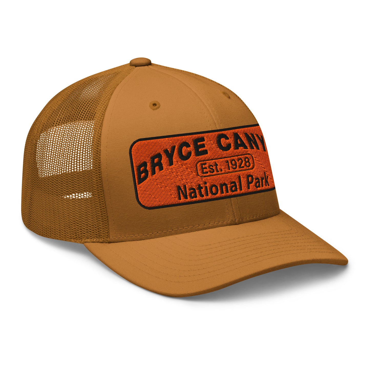 Bryce Canyon National Park Hat - Orange and Black Embroidered Patch - Yupoong 6606 Trucker Hat - Side View - Color: Caramel