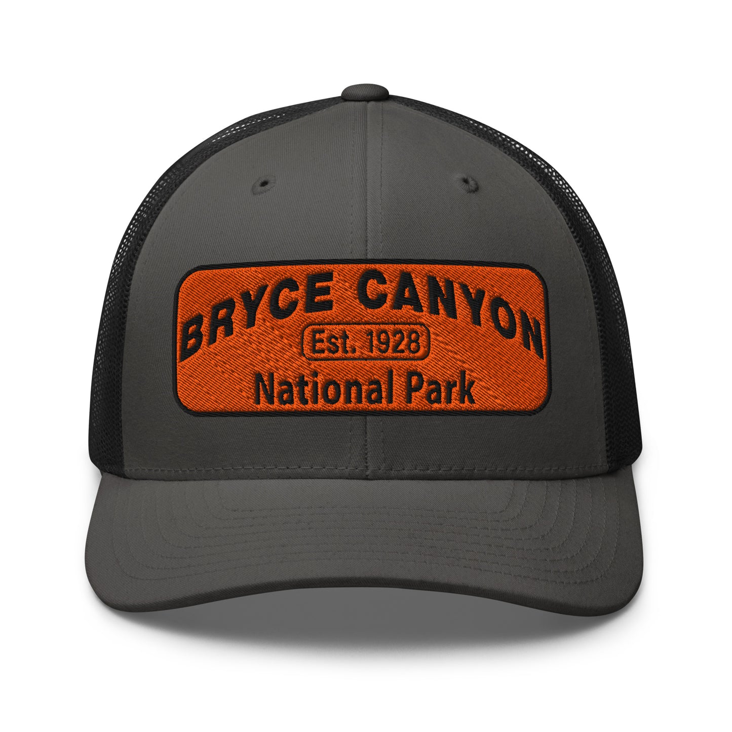 Bryce Canyon National Park Hat - Orange and Black Embroidered Patch - Yupoong 6606 Trucker Hat - Front View - Color: Charcoal/Black