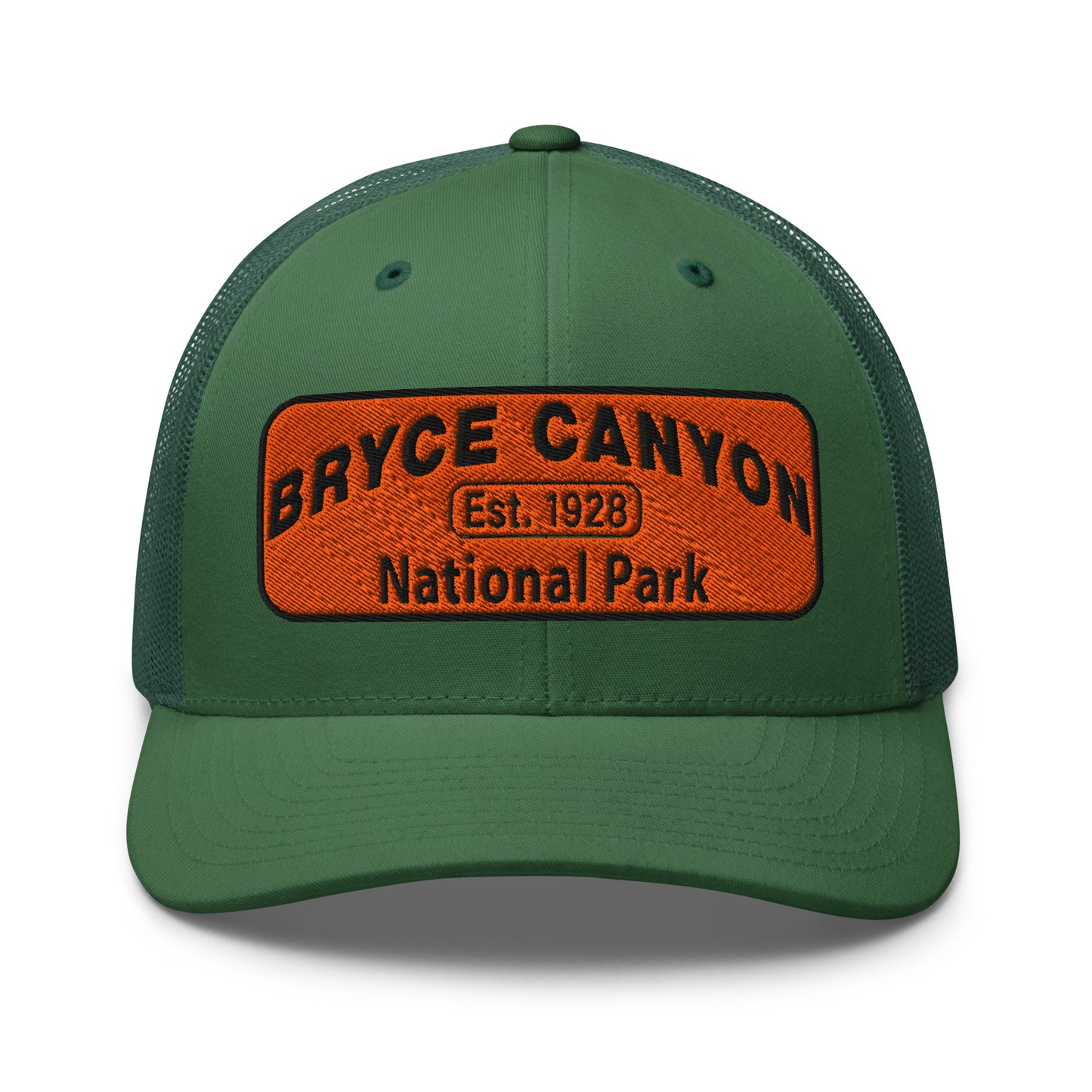 Bryce Canyon National Park Hat - Orange and Black Embroidered Patch - Yupoong 6606 Trucker Hat - Front View - Color: Evergreen