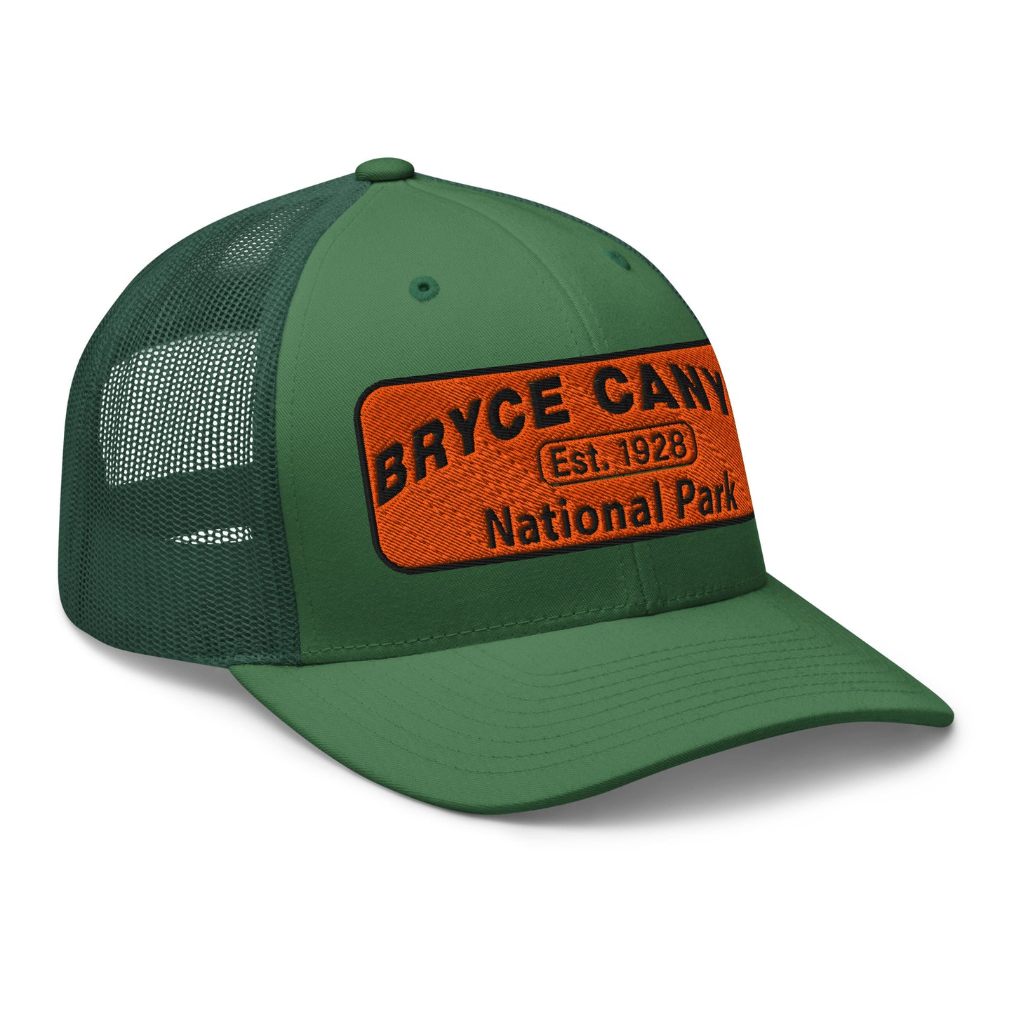 Bryce Canyon National Park Hat - Orange and Black Embroidered Patch - Yupoong 6606 Trucker Hat - Side View - Color: Evergreen