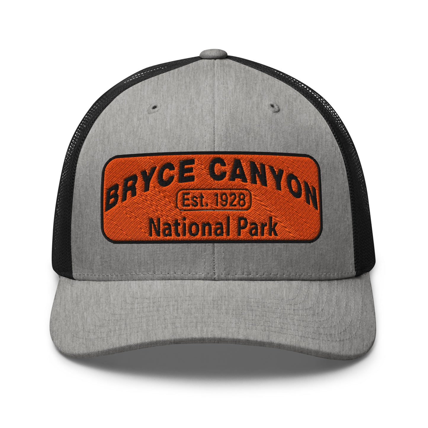 Bryce Canyon National Park Hat - Orange and Black Embroidered Patch - Yupoong 6606 Trucker Hat - Front View - Color: Heather/Black