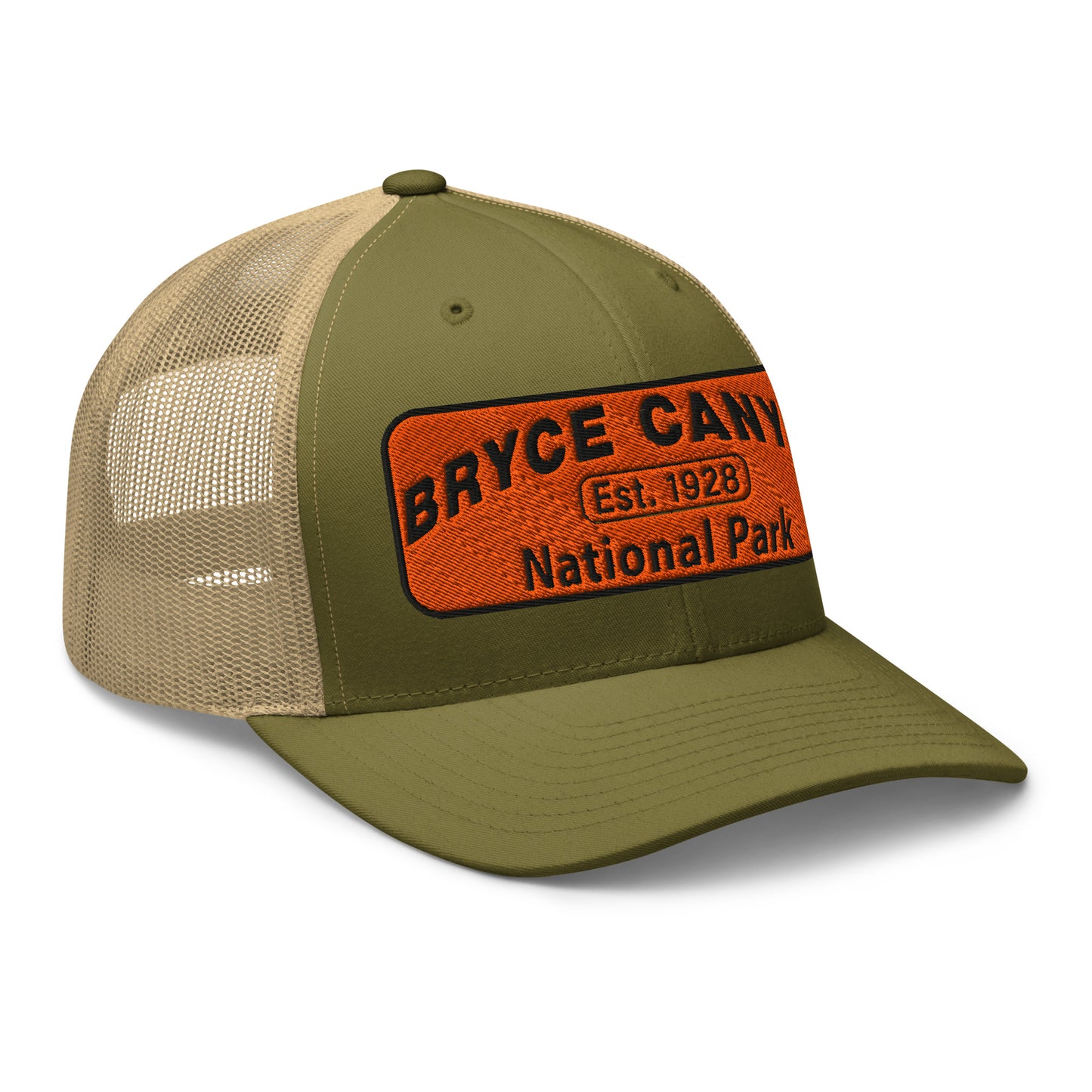 Bryce Canyon National Park Hat - Orange and Black Embroidered Patch - Yupoong 6606 Trucker Hat - Side View - Color: Moss Green/Khaki