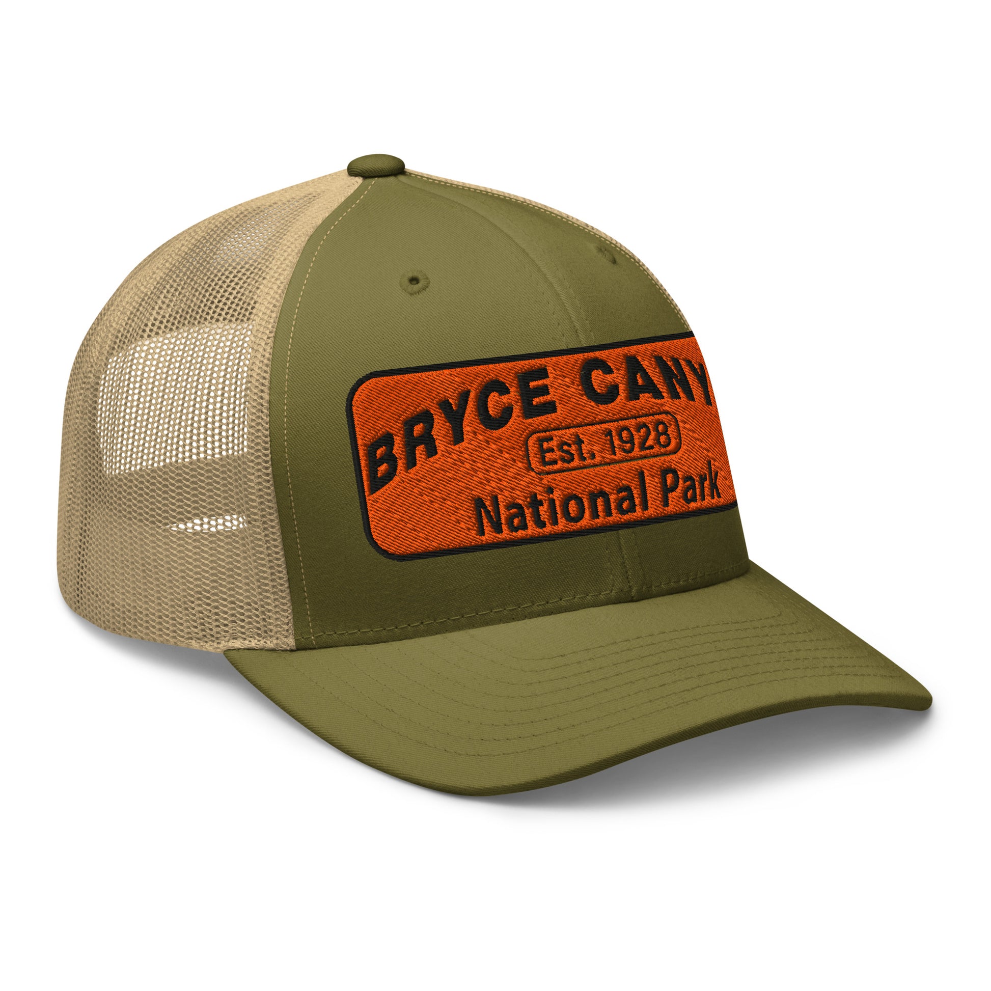 Bryce Canyon National Park Hat - Orange and Black Embroidered Patch - Yupoong 6606 Trucker Hat - Side View - Color: Moss Green/Khaki