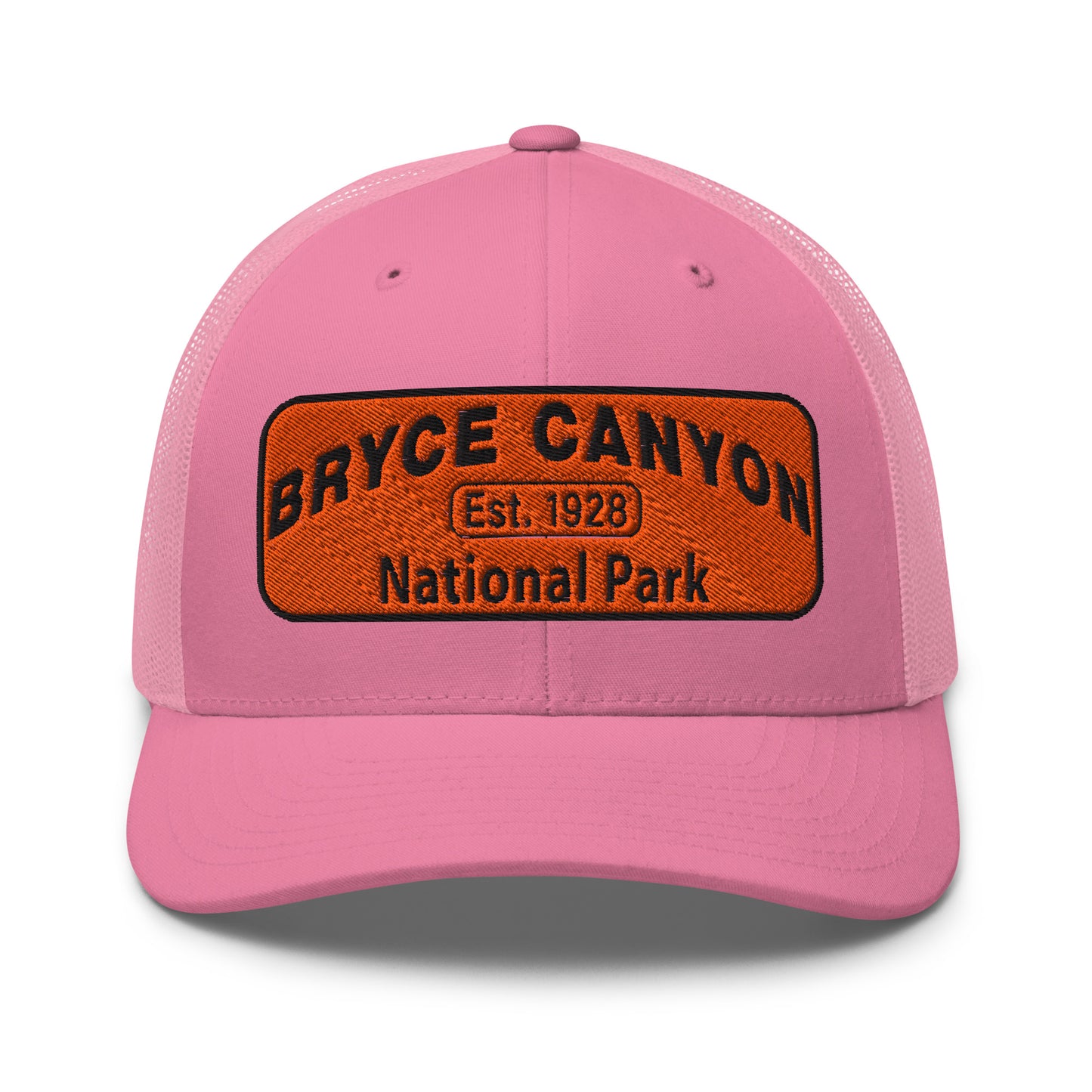 Bryce Canyon National Park Hat - Orange and Black Embroidered Patch - Yupoong 6606 Trucker Hat - Front View - Color: Moss Green/Khaki
