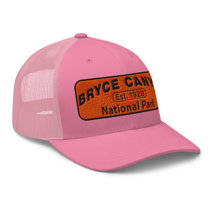 Bryce Canyon National Park Hat - Orange and Black Embroidered Patch - Yupoong 6606 Trucker Hat - Side View - Color: Pink