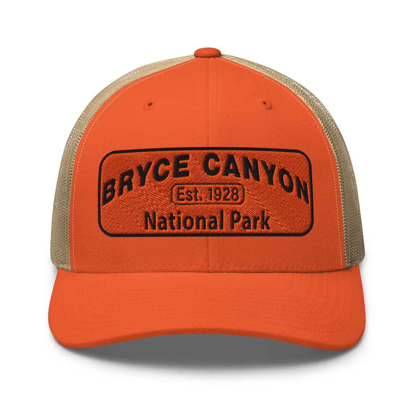 Bryce Canyon National Park Hat - Orange and Black Embroidered Patch - Yupoong 6606 Trucker Hat - Front View - Color: Orange/Khaki