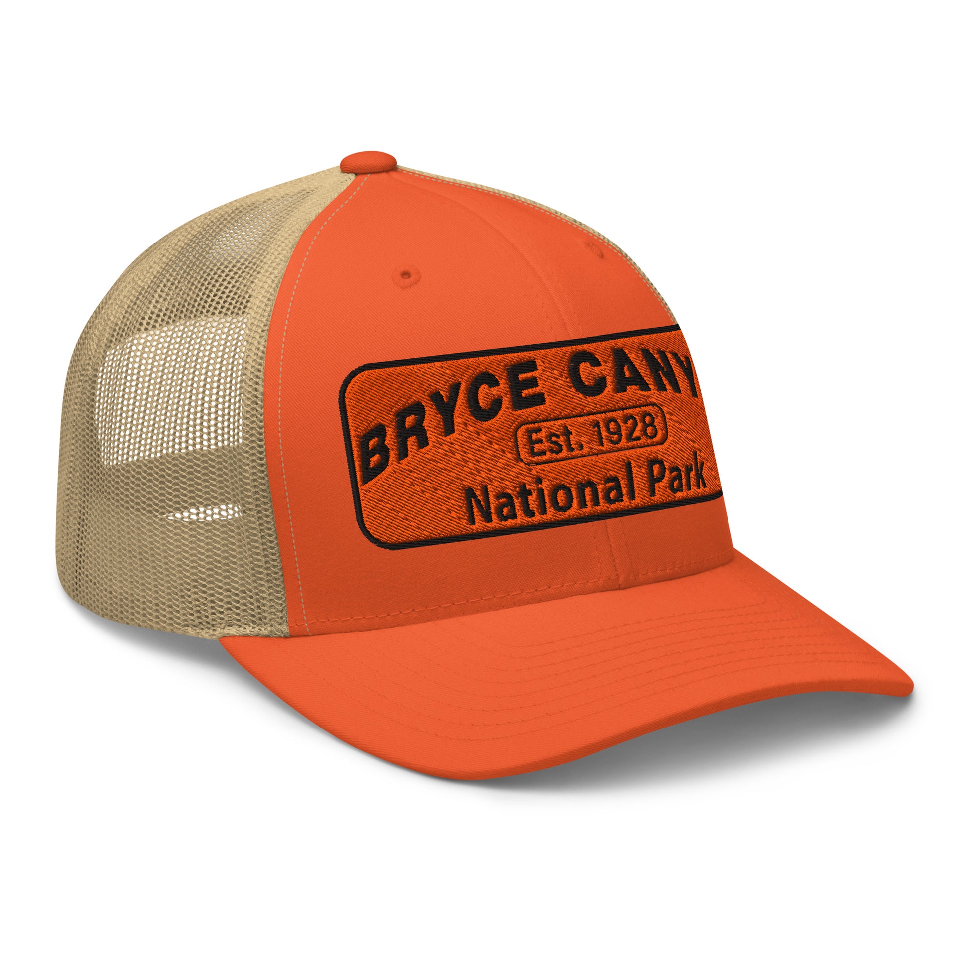 Bryce Canyon National Park Hat - Orange and Black Embroidered Patch - Yupoong 6606 Trucker Hat - Side View - Color: Orange/Khaki