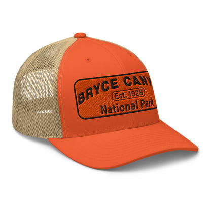 Bryce Canyon National Park Hat - Orange and Black Embroidered Patch - Yupoong 6606 Trucker Hat - Side View - Color: Orange/Khaki