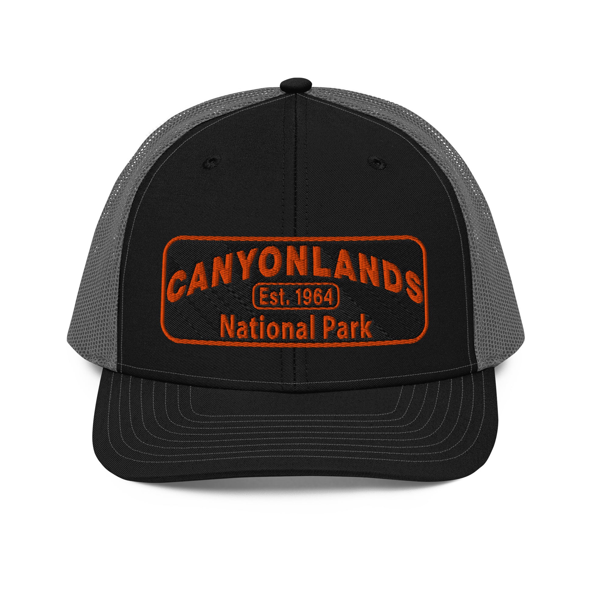 Canyonlands National Park Camo Hat - Black and orange embroidered patch logo - Richardson 112 Trucker Hat - Front View - Color: Black/Charcoal