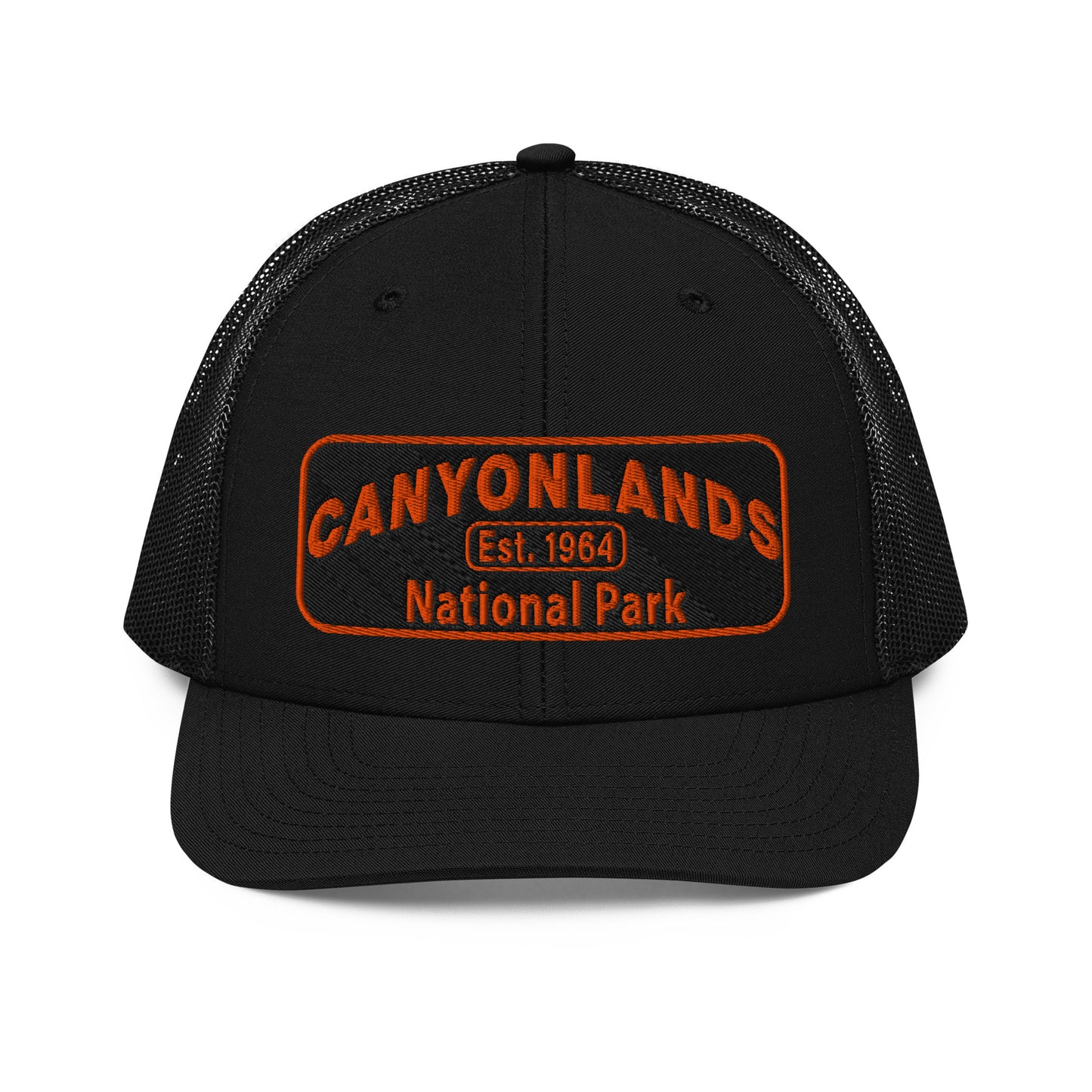 Canyonlands National Park Camo Hat - Black and orange embroidered patch logo - Richardson 112 Trucker Hat - Front View - Color: Black