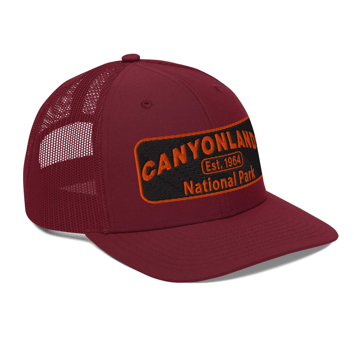 Canyonlands National Park Camo Hat - Black and orange embroidered patch logo - Richardson 112 Trucker Hat - Side View - Color: Cardinal