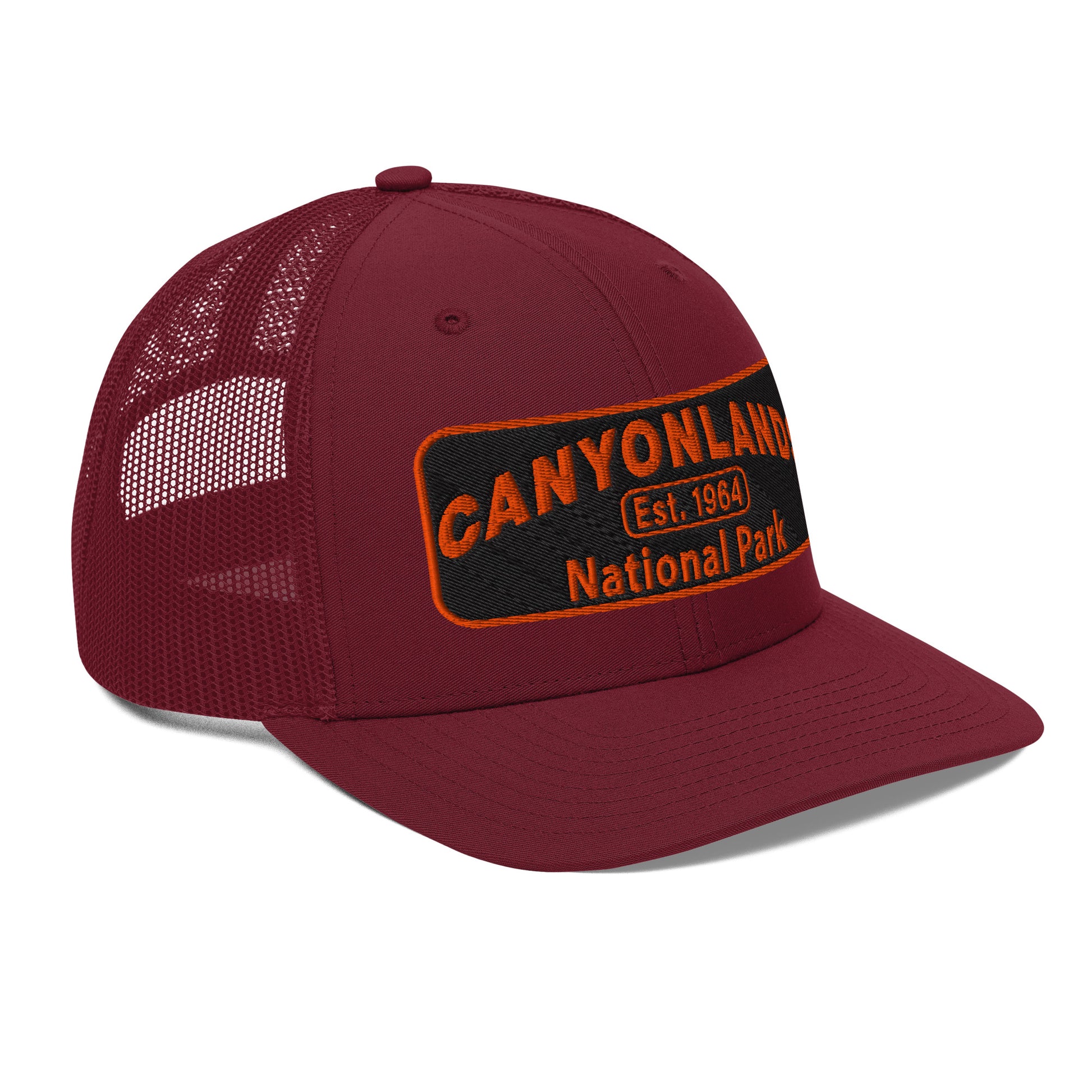 Canyonlands National Park Camo Hat - Black and orange embroidered patch logo - Richardson 112 Trucker Hat - Side View - Color: Cardinal