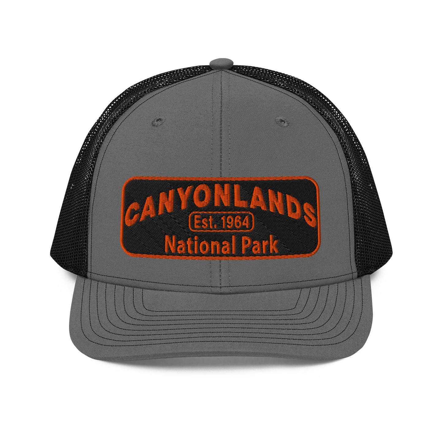 Canyonlands National Park Camo Hat - Black and orange embroidered patch logo - Richardson 112 Trucker Hat - Front View - Color: Charcoal/Black
