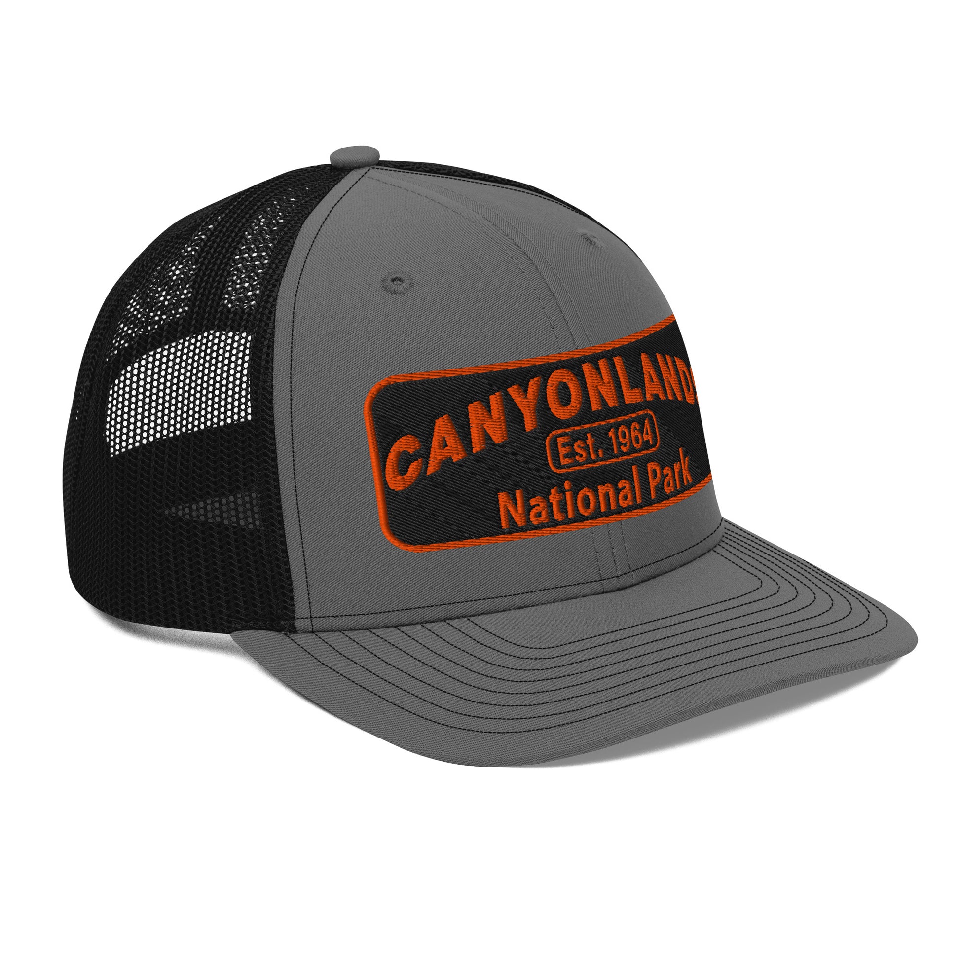 Canyonlands National Park Camo Hat - Black and orange embroidered patch logo - Richardson 112 Trucker Hat - Side View - Color: Charcoal/Black