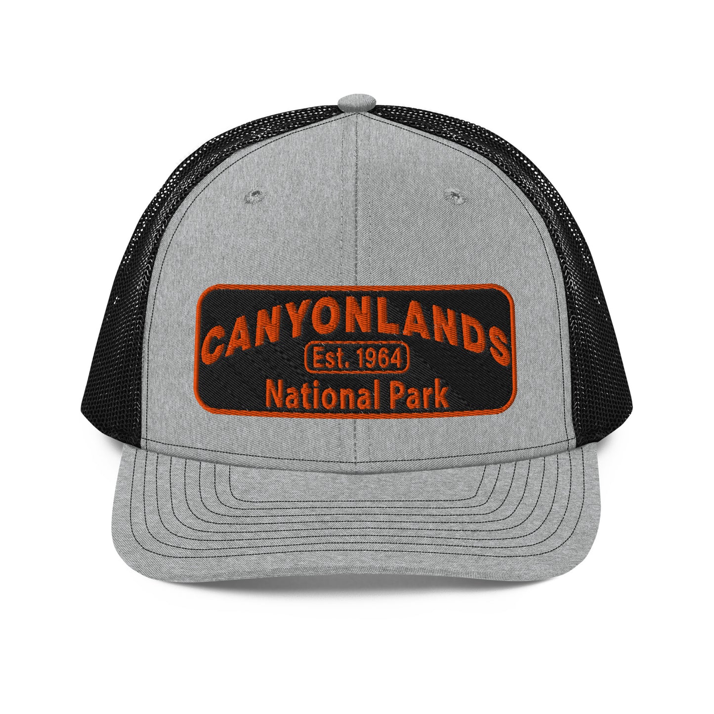 Canyonlands National Park Camo Hat - Black and orange embroidered patch logo - Richardson 112 Trucker Hat - Front View - Color: Heather/Black