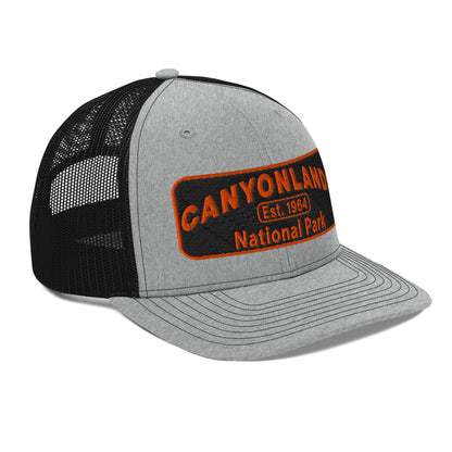 Canyonlands National Park Camo Hat - Black and orange embroidered patch logo - Richardson 112 Trucker Hat - Side View - Color: Heather/Black