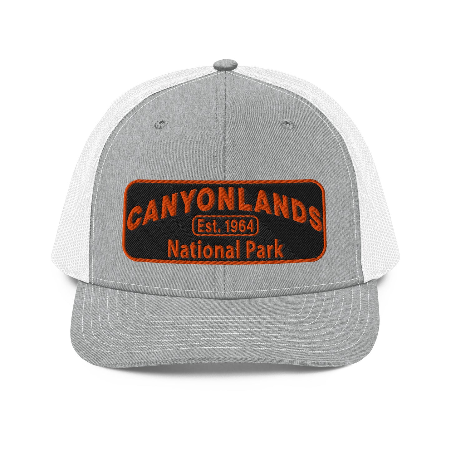 Canyonlands National Park Camo Hat - Black and orange embroidered patch logo - Richardson 112 Trucker Hat - Front View - Color: Heather/White