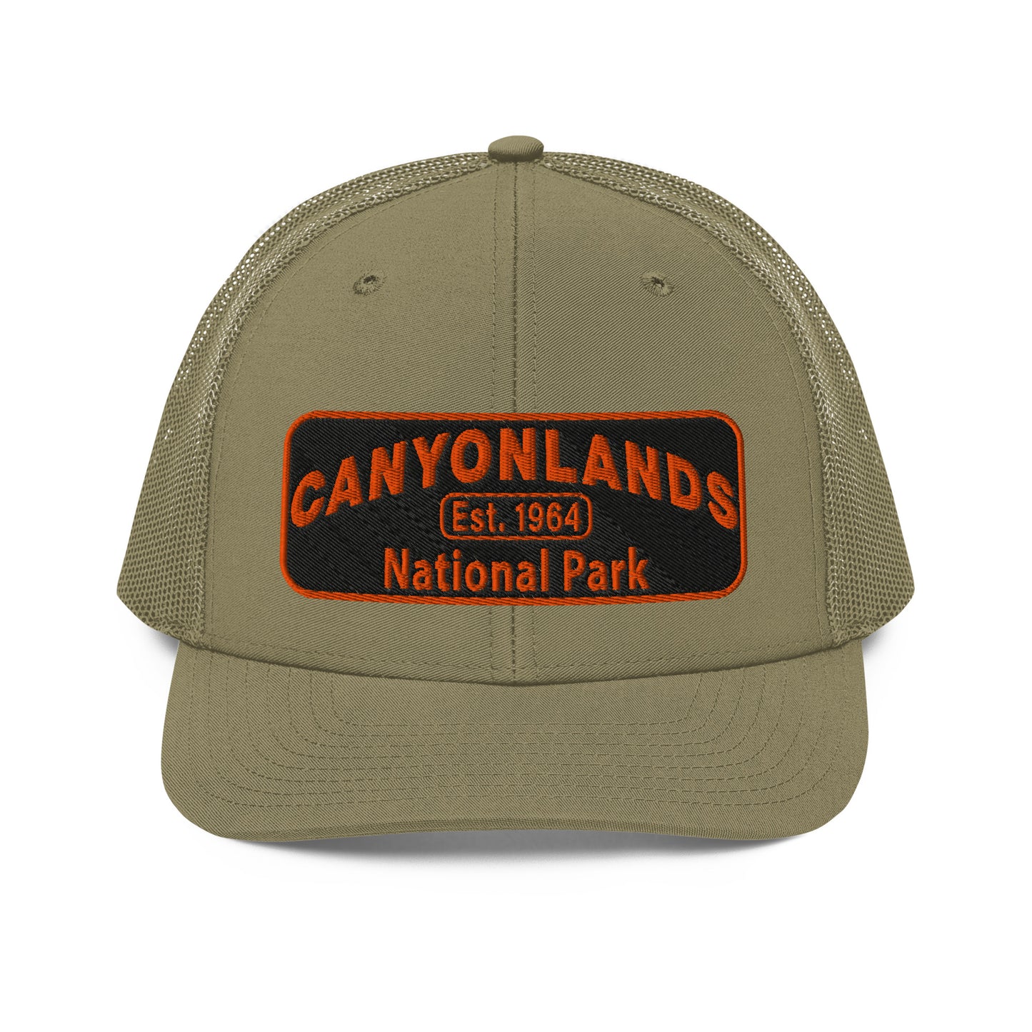 Canyonlands National Park Camo Hat - Black and orange embroidered patch logo - Richardson 112 Trucker Hat - Front View - Color: Loden