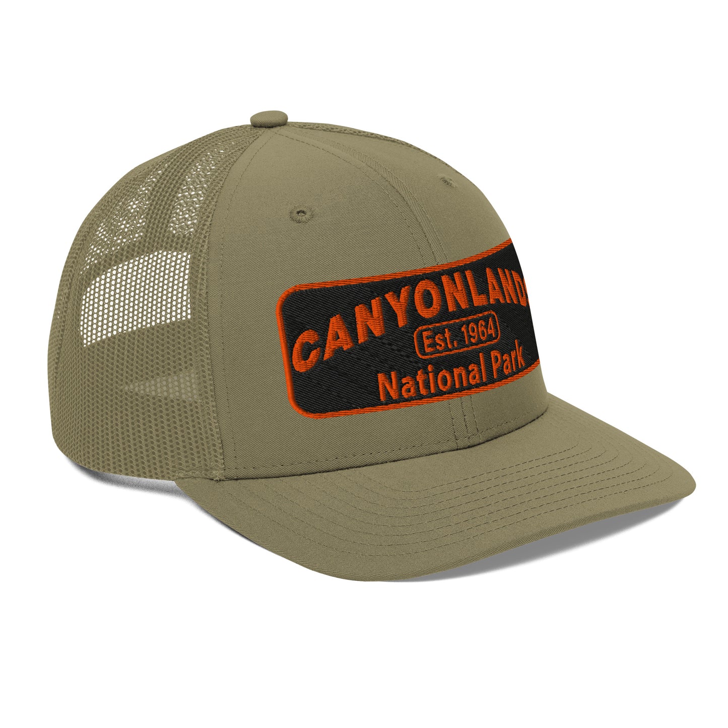Canyonlands National Park Camo Hat - Black and orange embroidered patch logo - Richardson 112 Trucker Hat - Side View - Color: Loden