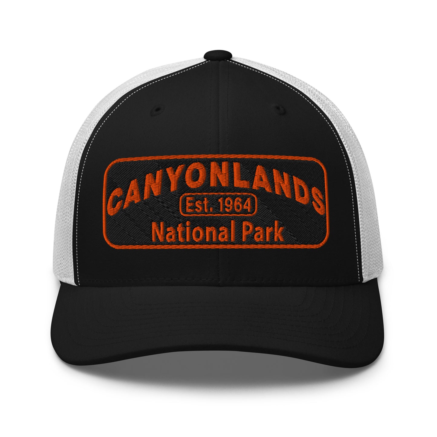 Canyonlands National Park Camo Hat - Black and orange embroidered patch logo - Yupoong 6606 Trucker Hat - Front View - Color: Black/White