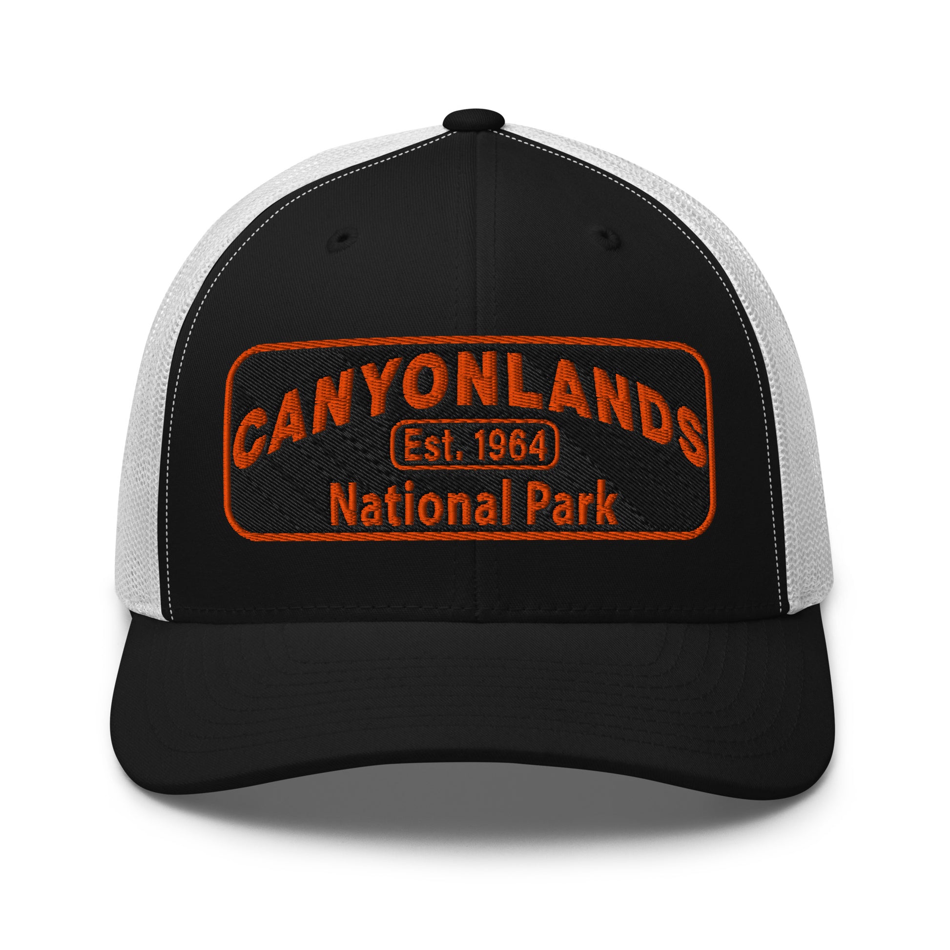 Canyonlands National Park Camo Hat - Black and orange embroidered patch logo - Yupoong 6606 Trucker Hat - Front View - Color: Black/White