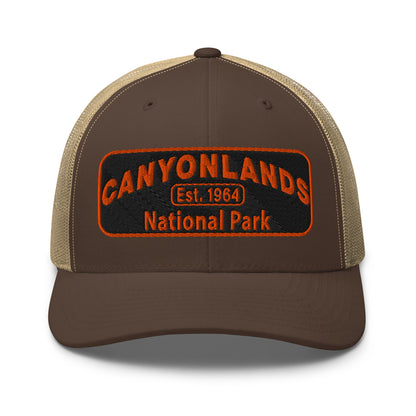 Canyonlands National Park Camo Hat - Black and orange embroidered patch logo - Yupoong 6606 Trucker Hat - Front View - Color: Brown/Khaki