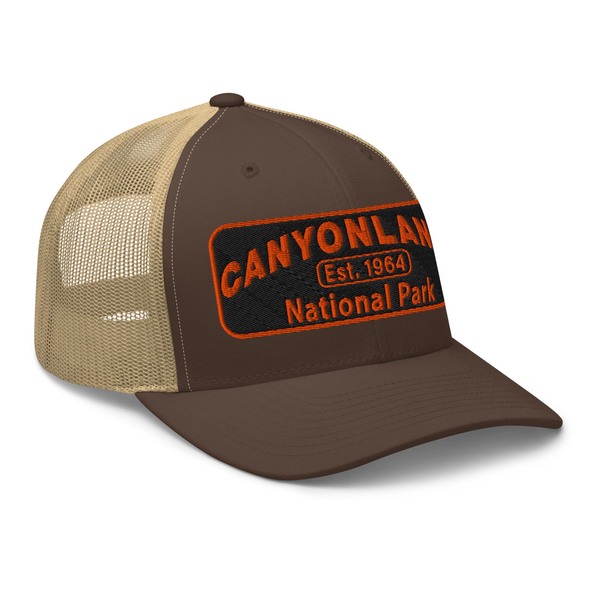Canyonlands National Park Camo Hat - Black and orange embroidered patch logo - Yupoong 6606 Trucker Hat - Side View - Color: Brown/Khaki