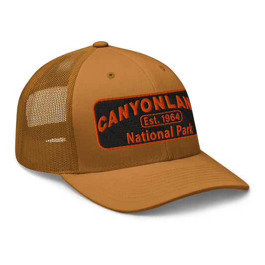 Canyonlands National Park Camo Hat - Black and orange embroidered patch logo - Yupoong 6606 Trucker Hat - Side View - Color: Caramel