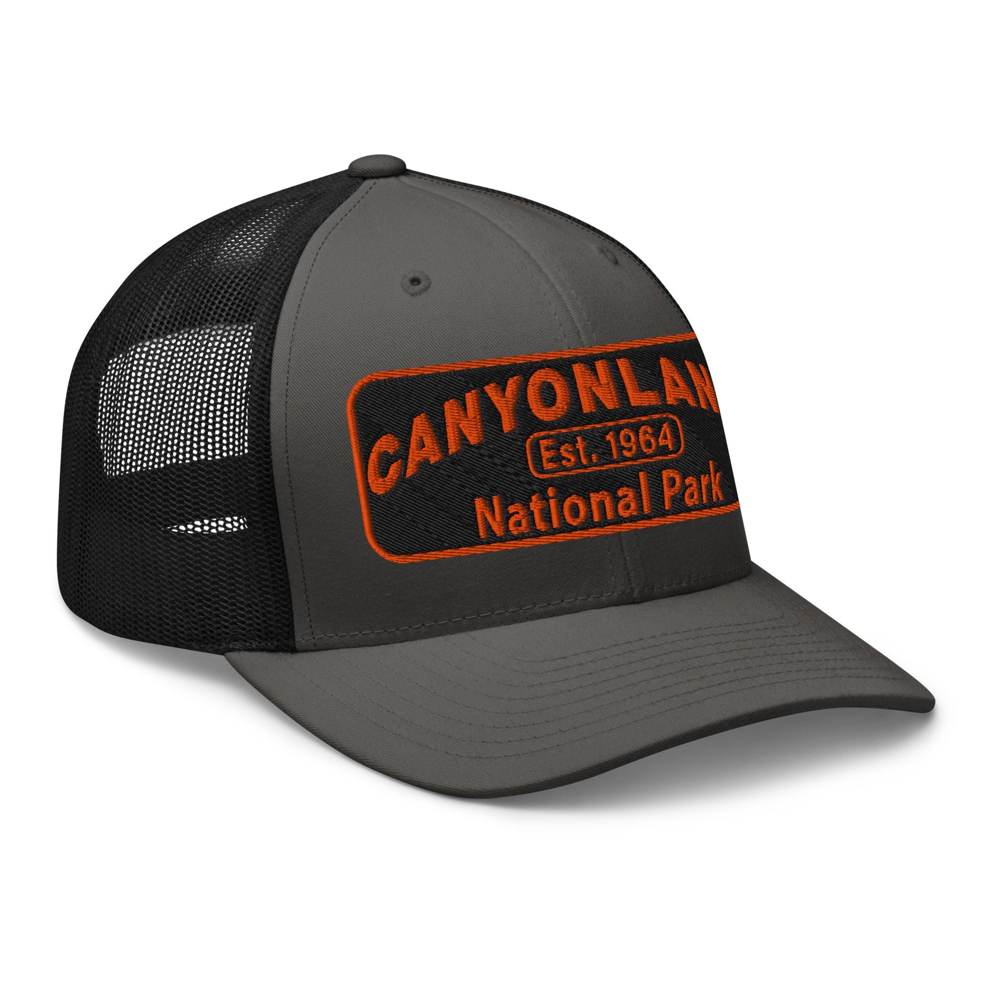 Canyonlands National Park Camo Hat - Black and orange embroidered patch logo - Yupoong 6606 Trucker Hat - Side View - Color: Charcoal/Black