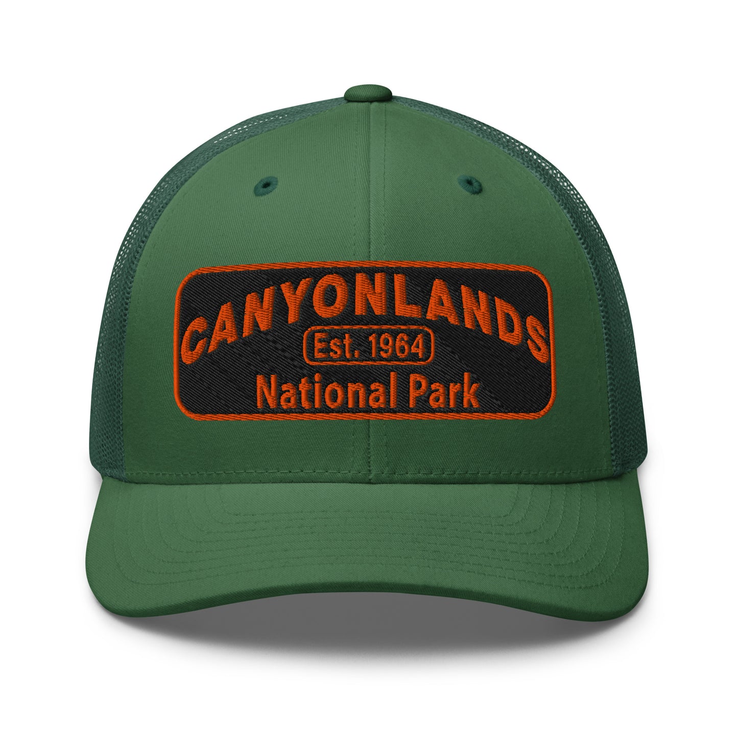 Canyonlands National Park Camo Hat - Black and orange embroidered patch logo - Yupoong 6606 Trucker Hat - Front View - Color: Evergreen