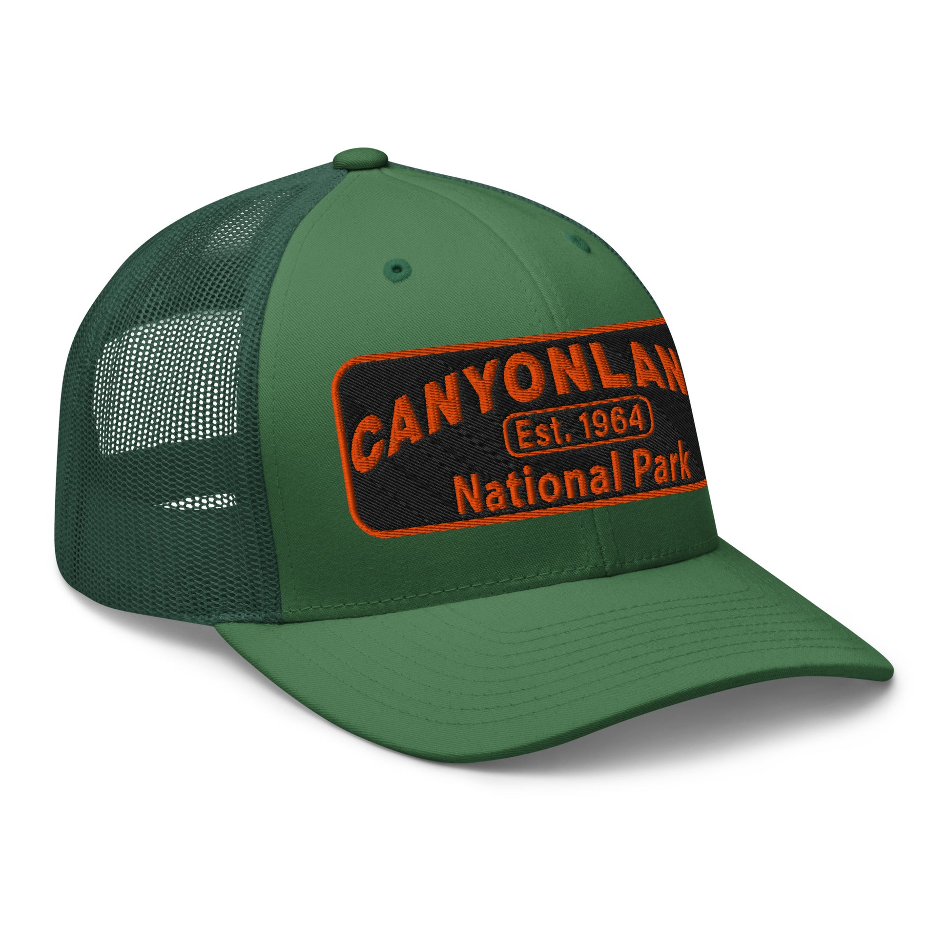 Canyonlands National Park Camo Hat - Black and orange embroidered patch logo - Yupoong 6606 Trucker Hat - Side View - Color: Evergreen