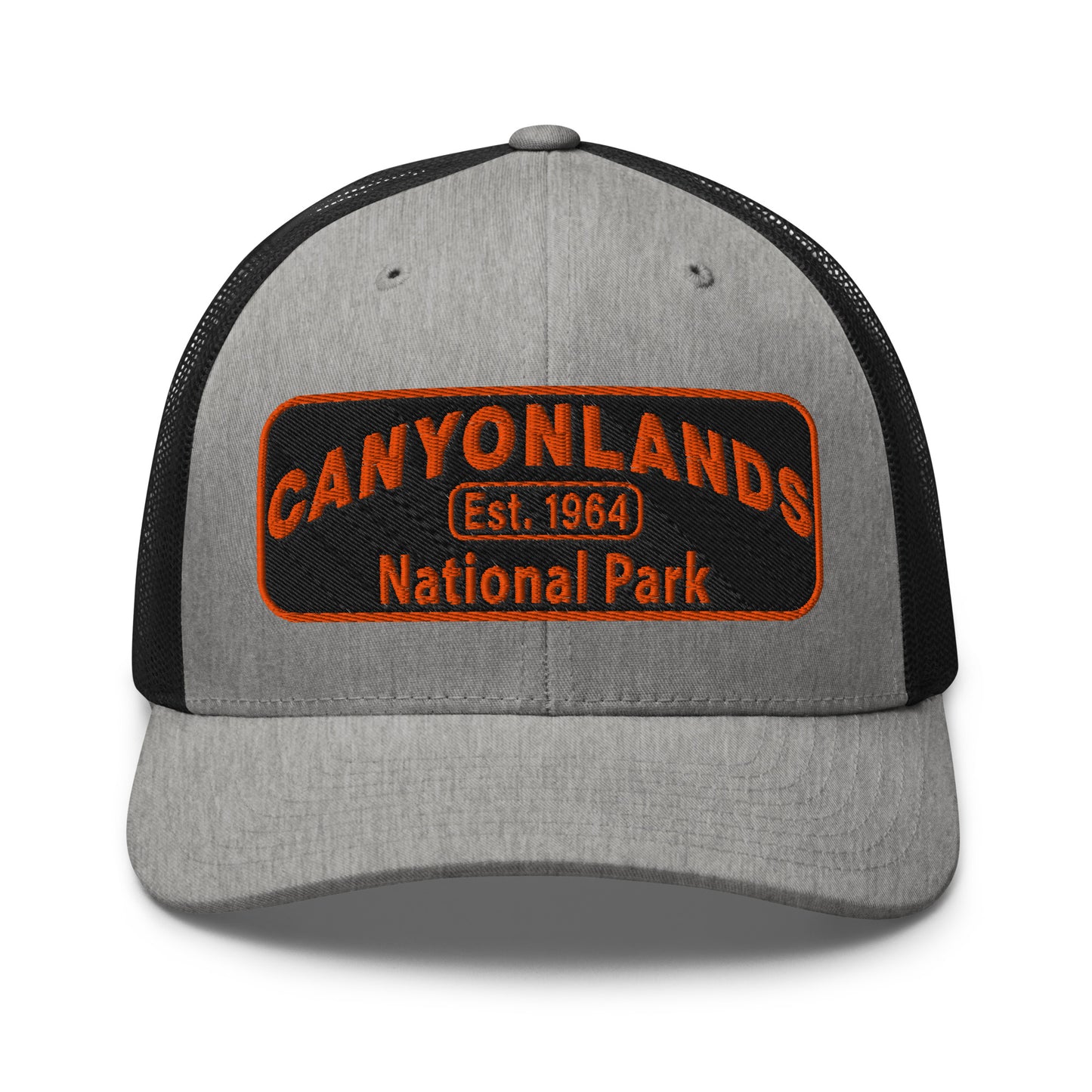 Canyonlands National Park Camo Hat - Black and orange embroidered patch logo - Yupoong 6606 Trucker Hat - Front View - Color: Heather/Black