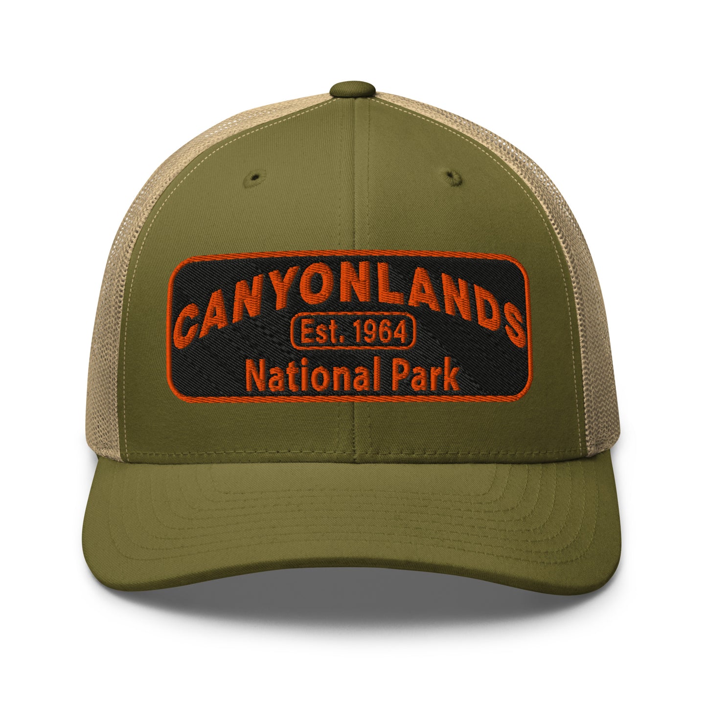 Canyonlands National Park Camo Hat - Black and orange embroidered patch logo - Yupoong 6606 Trucker Hat - Front View - Color: Moss Green/Khaki