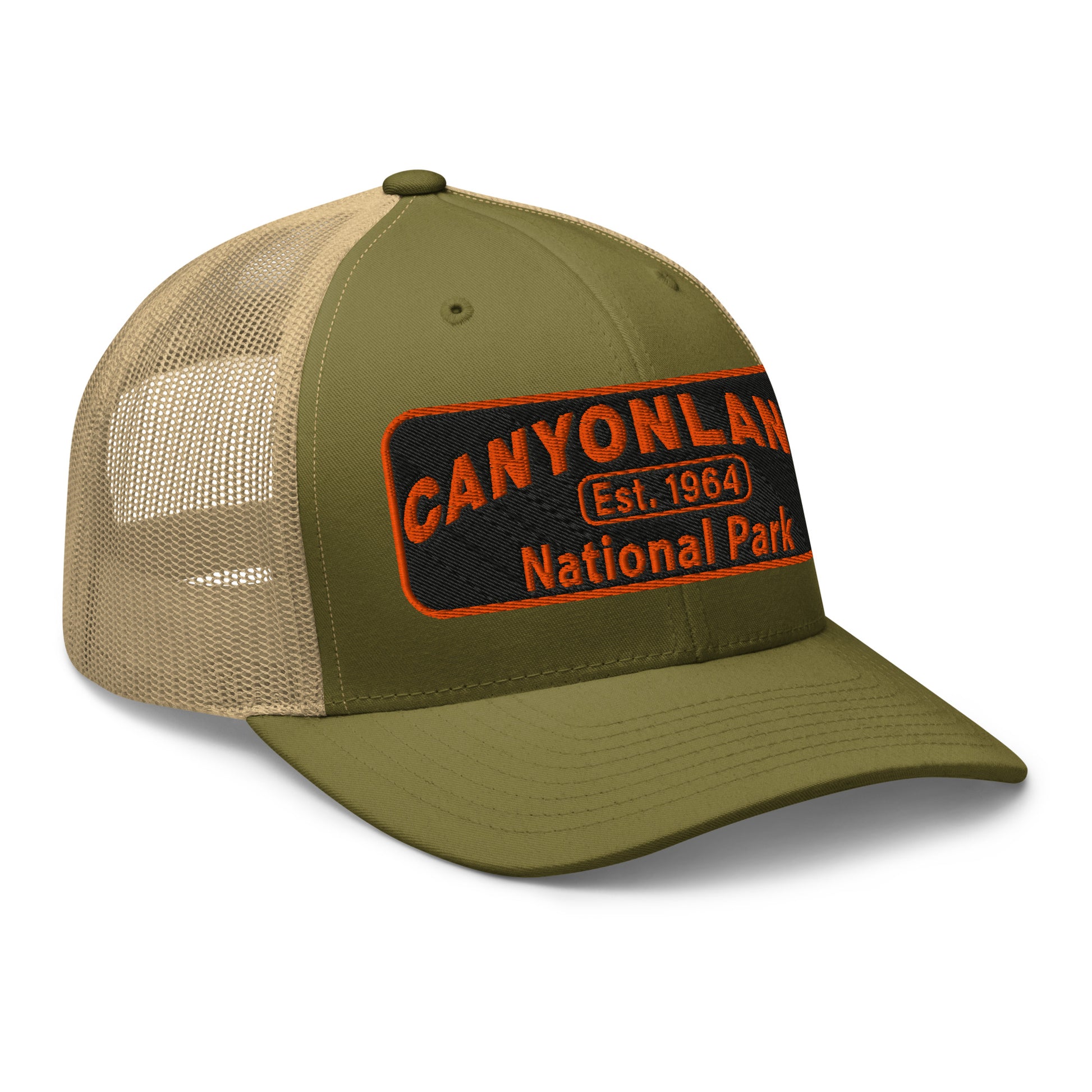Canyonlands National Park Camo Hat - Black and orange embroidered patch logo - Yupoong 6606 Trucker Hat - Side View - Color: Moss Green/Khaki