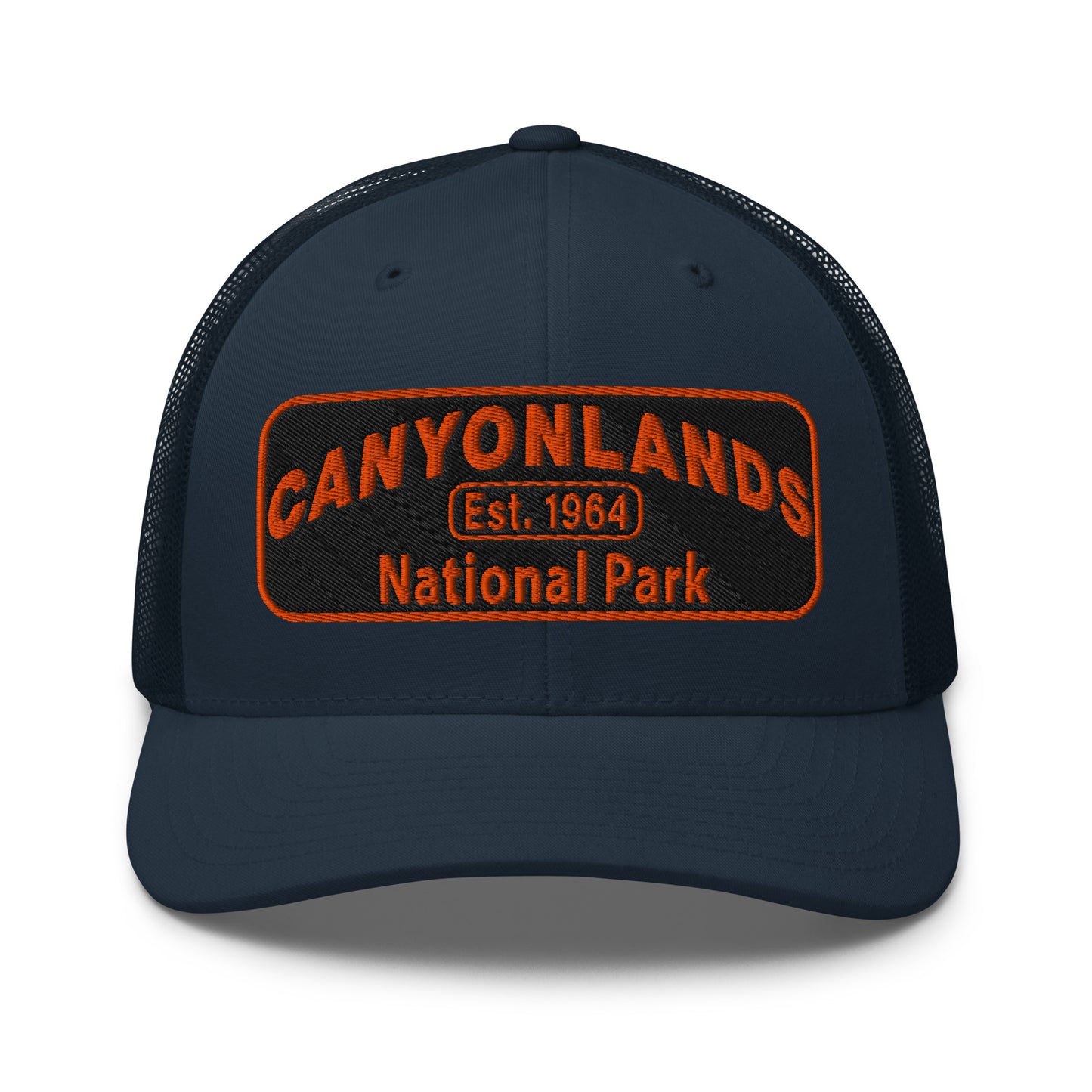 Canyonlands National Park Camo Hat - Black and orange embroidered patch logo - Yupoong 6606 Trucker Hat - Front View - Color: Navy
