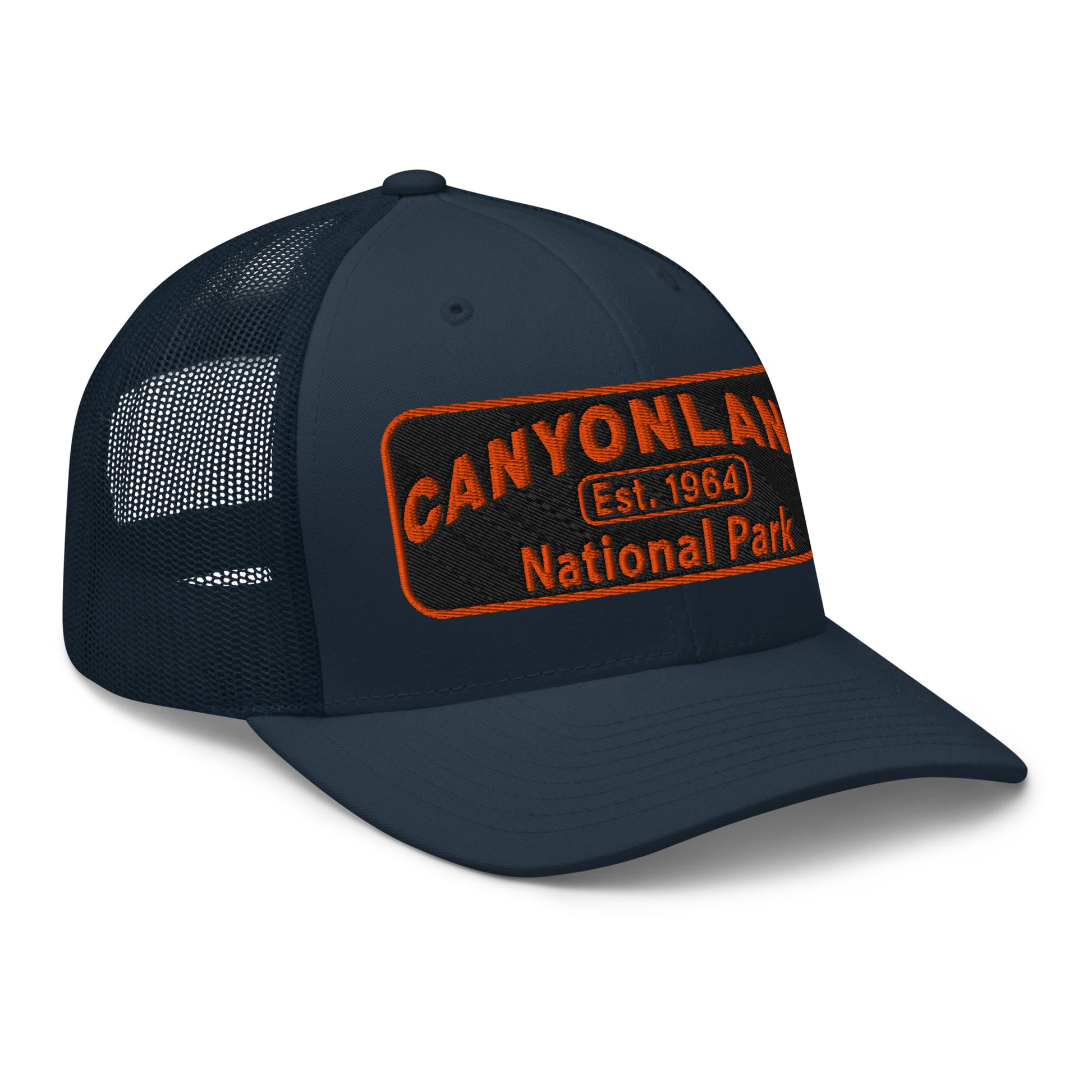 Canyonlands National Park Camo Hat - Black and orange embroidered patch logo - Yupoong 6606 Trucker Hat - Side View - Color: Navy